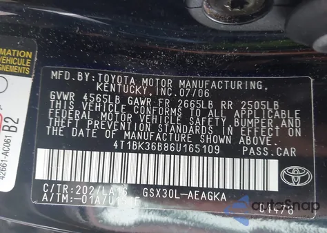 2006 Toyota Avalon Xls из США, поврежденный, VIN 4T1BK36B86U165109